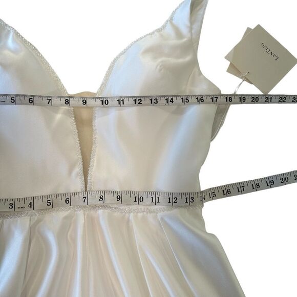 NEW Lan Ting Ivory Bridal Embellished Deep V Satin Wide Leg Jumpsuit, Small - Picture 13 of 15